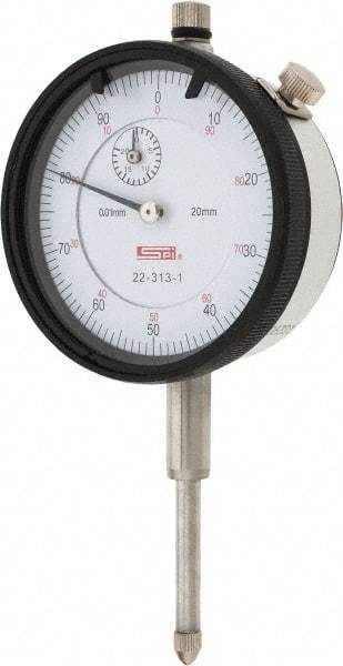 SPI - 20mm Range, 0-100 Dial Reading, 0.01mm Graduation Dial Drop Indicator - 58mm Dial, 1mm Range per Revolution, 0.025mm Accuracy, Revolution Counter, Includes NIST Traceability Certification - Industrial Tool & Supply