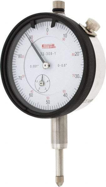 SPI - 1/2" Range, 0-100 Dial Reading, 0.001" Graduation Dial Drop Indicator - 2.2" Dial, 0.1" Range per Revolution, 0.002" Accuracy, Revolution Counter, Includes NIST Traceability Certification - Industrial Tool & Supply