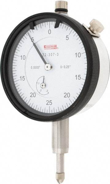 SPI - 1/4" Range, 0-25-0 Dial Reading, 0.0005" Graduation Dial Drop Indicator - 2.2" Dial, 0.05" Range per Revolution, 0.0015" Accuracy, Revolution Counter, Includes NIST Traceability Certification - Industrial Tool & Supply