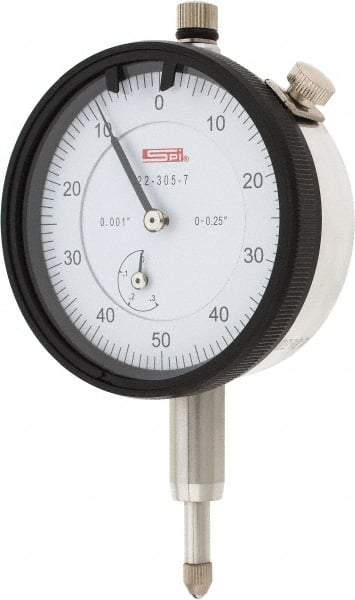SPI - 1/4" Range, 0-50-0 Dial Reading, 0.001" Graduation Dial Drop Indicator - 2.2" Dial, 0.1" Range per Revolution, 0.002" Accuracy, Revolution Counter - Industrial Tool & Supply