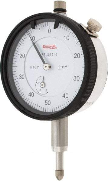 SPI - 1/4" Range, 0-50-0 Dial Reading, 0.001" Graduation Dial Drop Indicator - 2.2" Dial, 0.1" Range per Revolution, 0.002" Accuracy, Revolution Counter, Includes NIST Traceability Certification - Industrial Tool & Supply