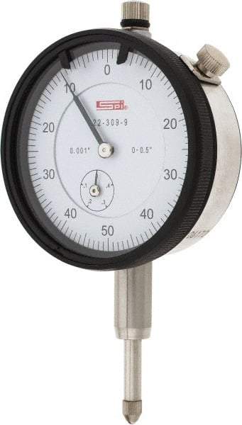SPI - 1/2" Range, 0-50-0 Dial Reading, 0.001" Graduation Dial Drop Indicator - 2.2" Dial, 0.1" Range per Revolution, 0.002" Accuracy, Revolution Counter, Includes NIST Traceability Certification - Industrial Tool & Supply