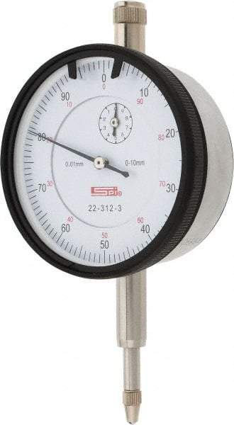 SPI - 10mm Range, 0-100 Dial Reading, 0.01mm Graduation Dial Drop Indicator - 58mm Dial, 1mm Range per Revolution, 0.02mm Accuracy, Revolution Counter, Includes NIST Traceability Certification - Industrial Tool & Supply