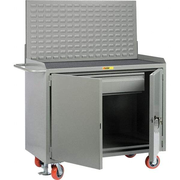 Little Giant - 3,600 Lb Capacity, 2 Shelf, 1 Drawer, 2 Door Mobile Bench Cabinet with Louvered Panel - 53" Wide x 24" Deep x 43" High, Steel, Gray - Industrial Tool & Supply
