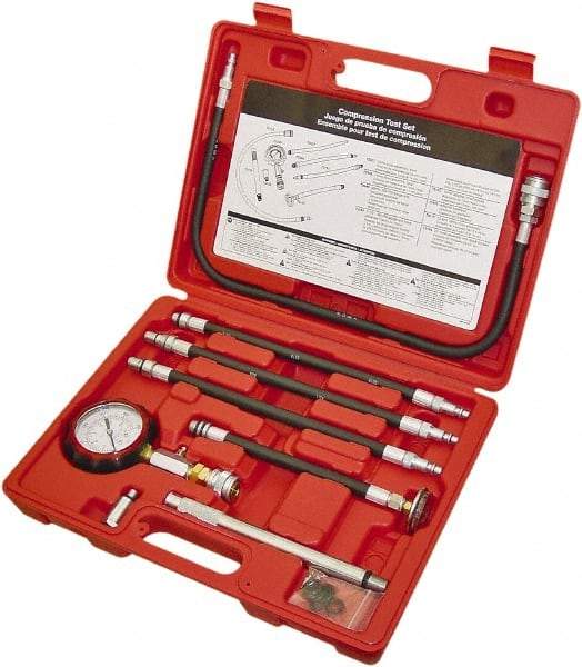 Lang - 8 Piece Dial Engine Compression Test Kit - 300 Max Pressure, 0 to 300 PSI (0 to 21 Kg/cm2) Scale - Industrial Tool & Supply