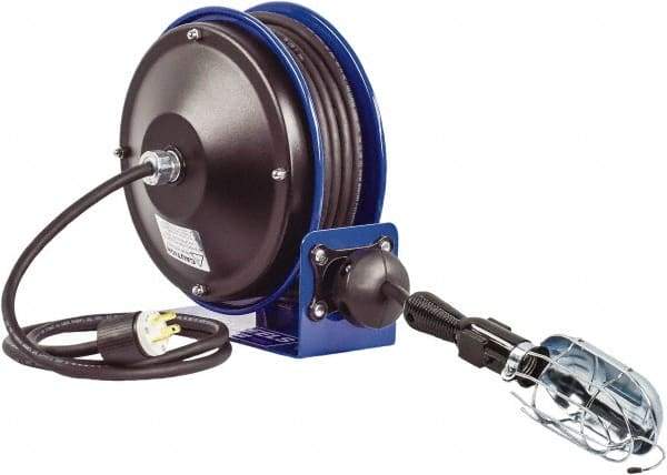 CoxReels - 16 AWG, 30' Cable Length, Cord & Cable Reel with Incandescent Hand Lamp with Tool Tap Plug End - 1 Outlet, NEMA 5-15R, 13 Amps, 115 Volts, SJTO Cable, Blue Reel, Spring Driven Reel - Industrial Tool & Supply
