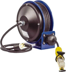 CoxReels - 16 AWG, 30' Cable Length, Cord & Cable Reel with Fluorescent Angle Light with Tool Tap Plug End - 1 Outlet, NEMA 5-15R, 13 Amps, 115 Volts, SJTO Cable, Blue Reel, Spring Driven Reel - Industrial Tool & Supply
