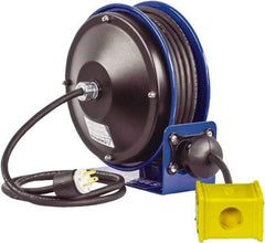 CoxReels - 12 AWG, 30' Cable Length, Cord & Cable Reel with Quad Outlet End - 4 Outlets, NEMA 5-20R, 20 Amps, 115 Volts, SJO Cable, Blue Reel, Spring Driven Reel - Industrial Tool & Supply