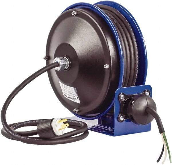 CoxReels - 16 AWG, 30' Cable Length, Cord & Cable Reel with Bare End - 0 Outlets, 13 Amps, 300 Volts, SJO Cable, Blue Reel, Spring Driven Reel - Industrial Tool & Supply