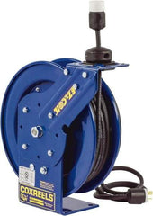 CoxReels - 16 AWG, 50' Cable Length, Cord & Cable Reel with Outlet End - 1 Outlet, NEMA 5-15R, 13 Amps, 115 Volts, SJO Cable, Blue Reel, Spring Driven Reel - Industrial Tool & Supply