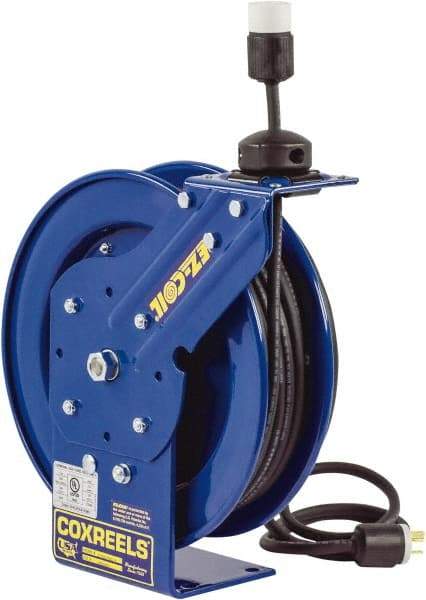 CoxReels - 12 AWG, 50' Cable Length, Cord & Cable Reel with Duplex GFCI Outlet Box End - 2 Outlets, NEMA 5-20R, 20 Amps, 115 Volts, SJO Cable, Blue Reel, Spring Driven Reel - Industrial Tool & Supply