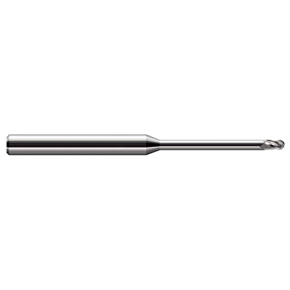 Ball End Mill: 0.05″ Dia, 0.075″ LOC, 3 Flute, Solid Carbide 2-1/2″ OAL, 1/8″ Shank Dia, 30 ° Helix, Uncoated, Single End