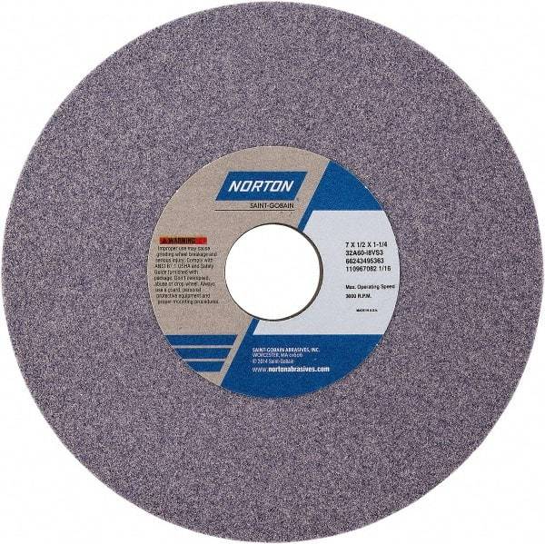 Norton - 7" Diam x 1-1/4" Hole x 1/2" Thick, J Hardness, 60 Grit Surface Grinding Wheel - Aluminum Oxide, Type 1, Medium Grade, Vitrified Bond - Industrial Tool & Supply
