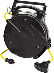 Value Collection - 12 AWG, 65' Cable Length, Cord & Cable Reel with Quad Tap Nema 5-15 End - 4 Outlets, NEMA 5-15R, 15 Amps, 120 Volts, SJTOW Cable, Black Reel, Spring Driven Reel - Industrial Tool & Supply