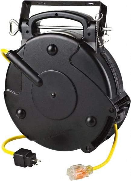 Value Collection - 12 AWG, 65' Cable Length, Cord & Cable Reel with Single Nema 5-15 End - 1 Outlet, NEMA 5-15R, 15 Amps, 120 Volts, SJTOW Cable, Black Reel, Spring Driven Reel - Industrial Tool & Supply