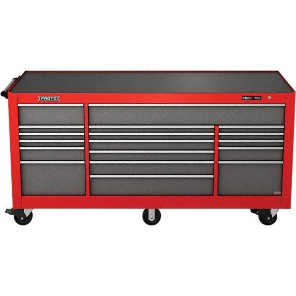 Proto - 48,654 Lb Capacity, 18 Drawer Mobile Power Workstation - 88-1/4" Wide x 27" Deep x 46-3/8" High, Steel, Safety Red & Gray - Industrial Tool & Supply