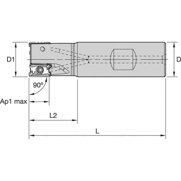 Kennametal - 1-1/2" Cut Diam, 11mm Max Depth of Cut, 1-1/4" Shank Diam, 4.53" OAL, Indexable Square Shoulder End Mill - LNGU110408SRGE Inserts, Weldon Shank, 0° Lead Angle, Through Coolant, Series Mill 4-11 - Industrial Tool & Supply