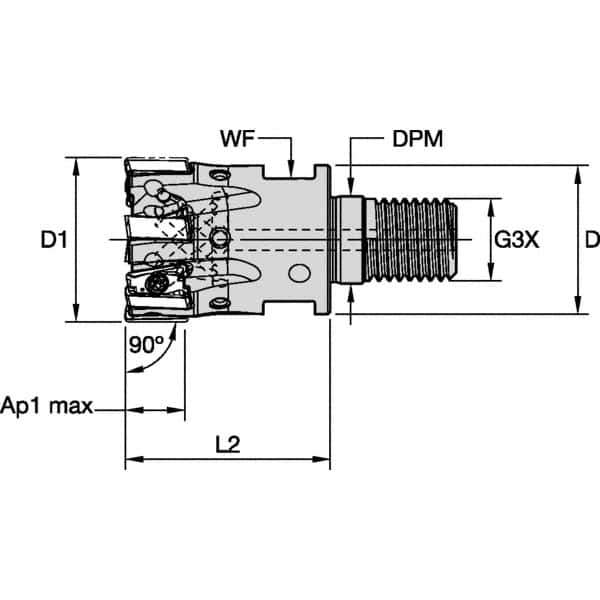 Kennametal - 16mm Cut Diam, 11mm Max Depth of Cut, 42.7mm OAL, Indexable Square Shoulder End Mill - LNGU110408SRGE Inserts, M8 Modular Connection, 0° Lead Angle, Through Coolant, Series Mill 4-11 - Industrial Tool & Supply