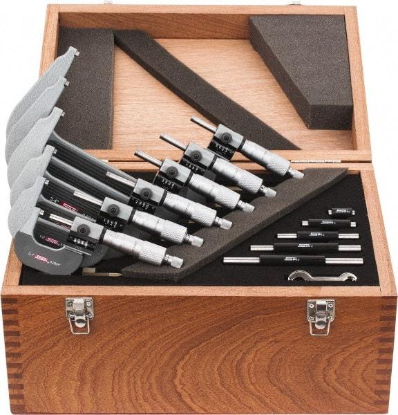 SPI - 0 to 6" Range, 6 Piece Mechanical Outside Micrometer Set - 0.0001" Graduation, 0.0001, 0.0002" Accuracy, Ratchet Stop Thimble, Carbide Face - Industrial Tool & Supply