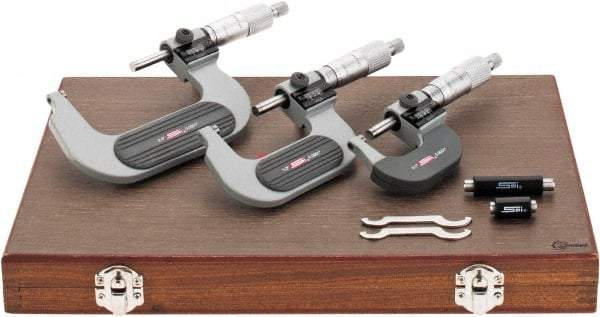SPI - 0 to 3" Range, 3 Piece Mechanical Outside Micrometer Set - 0.0001" Graduation, 0.0001, 0.0002" Accuracy, Ratchet Stop Thimble, Carbide Face - Industrial Tool & Supply