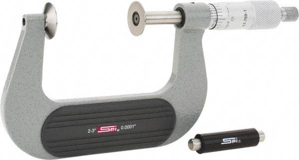 SPI - 2 to 3", Ratchet Stop Thimble, Mechanical Disc Micrometer - 0.0002" Accuracy, 0.79" Disc, 0.0001" Resolution, 0.31" Spindle Diam, Steel Face, NIST Traceability Certification Included - Industrial Tool & Supply