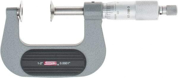 SPI - 1 to 2", Ratchet Stop Thimble, Mechanical Disc Micrometer - 0.0002" Accuracy, 0.79" Disc, 0.0001" Resolution, 0.31" Spindle Diam, Steel Face, NIST Traceability Certification Included - Industrial Tool & Supply