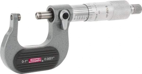 SPI - Mechanical, 0 to 1" Measurement, Painted Finish Carbide Face Ball Anvil Micrometer - 0.0001" Graduation, Ratchet Stop Thimble - Industrial Tool & Supply