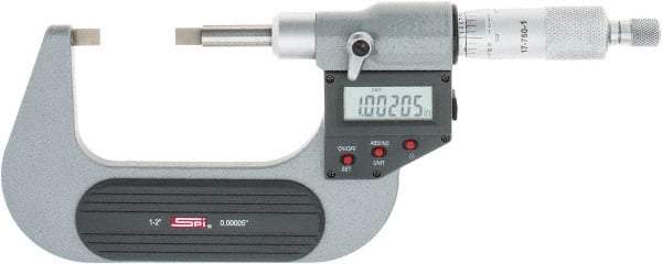 SPI - 25mm to 50mm Electronic Painted Blade Micrometer - 0.003mm Accuracy, 0.75mm Blade Thickness, Ratchet Stop Thimble - Industrial Tool & Supply