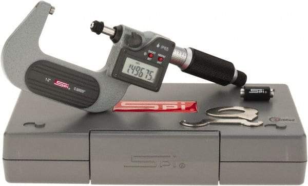 SPI - 1 to 2" Range, 0.00005" Resolution, Standard Throat IP65 Electronic Outside Micrometer - 0.0002" Accuracy, Ratchet Stop Thimble, Carbide Face, LR44 Battery, Includes NIST Traceable Certification of Inspection - Industrial Tool & Supply