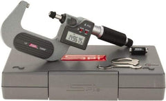 SPI - 1 to 2" Range, 0.00005" Resolution, Standard Throat IP65 Electronic Outside Micrometer - 0.0002" Accuracy, Ratchet Stop Thimble, Carbide Face, LR44 Battery, Includes NIST Traceable Certification of Inspection - Industrial Tool & Supply