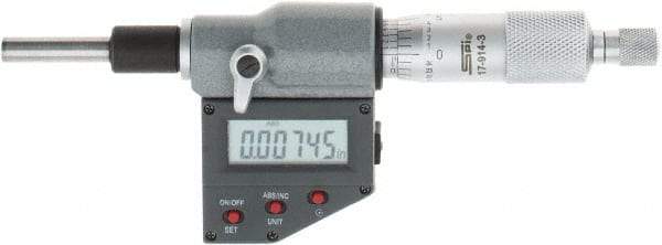 SPI - 0 to 25mm Range, 6.5mm Spindle Diameter, 28.5mm Spindle Length, 160mm OAL, Electronic Micrometer Head - 0.00005" Resolution, 0.0001" Accuracy, Carbide Measuring Face, Data Output - Industrial Tool & Supply