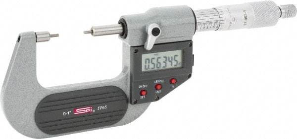SPI - 0 to 1 Inch, 1.26 Inch Throat Depth, Electronic Spline Micrometer - 0.0001 Inch Accuracy, 0.00005 Inch Graduation, 0.25 Inch Spindle Diameter, 2mm Head Diameter, Ratchet Stop Thimble, Data Output - Industrial Tool & Supply