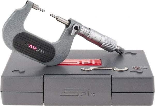 SPI - 0 to 1 Inch, 1.26 Inch Throat Depth, Mechanical Spline Micrometer - 0.0001 Inch Accuracy, 0.0001 Inch Graduation, 0.25 Inch Spindle Diameter, 3mm Head Diameter, Ratchet Stop Thimble - Industrial Tool & Supply