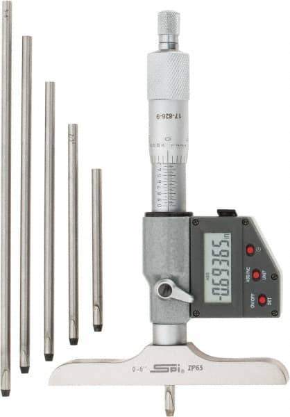 SPI - 0 to 150mm Range, 4" Base Length, 6 Rods, Ratchet Stop Thimble, Electronic Depth Micrometer - IP65, 0.00005" Resolution, Accurate to 0.005mm, 0.176" Rod Diam, LR44 Battery, Data Output - Industrial Tool & Supply