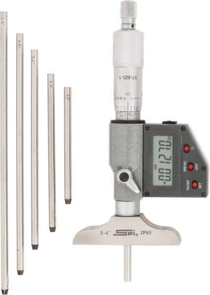 SPI - 0 to 150mm Range, 2-1/2" Base Length, 6 Rods, Ratchet Stop Thimble, Electronic Depth Micrometer - IP65, 0.00005" Resolution, Accurate to 0.005mm, 0.176" Rod Diam, LR44 Battery, Data Output - Industrial Tool & Supply