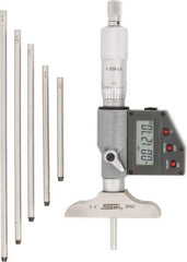 SPI - 0 to 150mm Range, 2-1/2" Base Length, 6 Rods, Ratchet Stop Thimble, Electronic Depth Micrometer - IP65, 0.00005" Resolution, Accurate to 0.005mm, 0.176" Rod Diam, LR44 Battery, Data Output - Industrial Tool & Supply