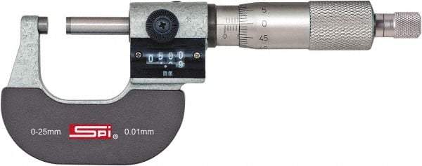 SPI - 0 to 25mm Range, 0.01mm Graduation, Mechanical Outside Micrometer - Ratchet Stop Thimble, 24mm Throat Depth, Accurate to 0.004mm, Digital Counter - Industrial Tool & Supply