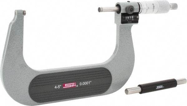 SPI - 4 to 5" Range, 0.0001" Graduation, Mechanical Outside Micrometer - Ratchet Stop Thimble, 2.76" Throat Depth, Accurate to 0.0002", Digital Counter - Industrial Tool & Supply