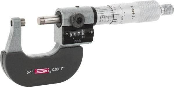 SPI - 0 to 1" Range, 0.0001" Graduation, Mechanical Outside Micrometer - Ratchet Stop Thimble, 0.95" Throat Depth, Accurate to 0.0001", Digital Counter - Industrial Tool & Supply