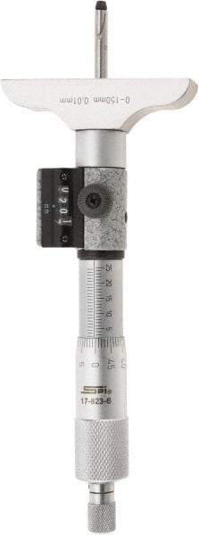SPI - 0 to 150mm Range, 6 Rod, Mechanical Depth Micrometer - Ratchet Stop Thimble, 63mm Base Length, 0.01mm Graduation, 4.5mm Rod Diam - Industrial Tool & Supply