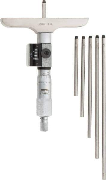 SPI - 0 to 6" Range, 6 Rod, Mechanical Depth Micrometer - Ratchet Stop Thimble, 4" Base Length, 0.001" Graduation, 4.5mm Rod Diam - Industrial Tool & Supply