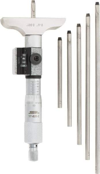 SPI - 0 to 6" Range, 6 Rod, Mechanical Depth Micrometer - Ratchet Stop Thimble, 2-1/2" Base Length, 0.001" Graduation, 4.5mm Rod Diam - Industrial Tool & Supply