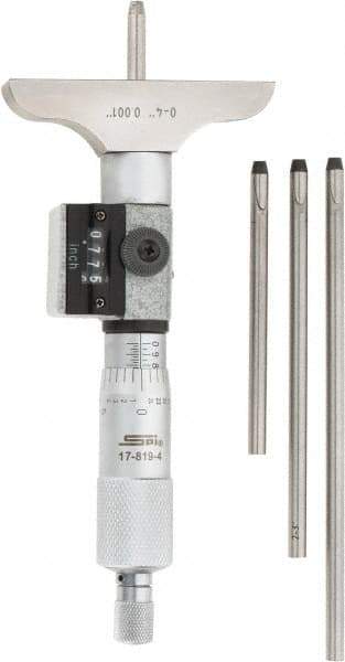 SPI - 0 to 4" Range, 4 Rod, Mechanical Depth Micrometer - Ratchet Stop Thimble, 2-1/2" Base Length, 0.001" Graduation, 4.5mm Rod Diam - Industrial Tool & Supply