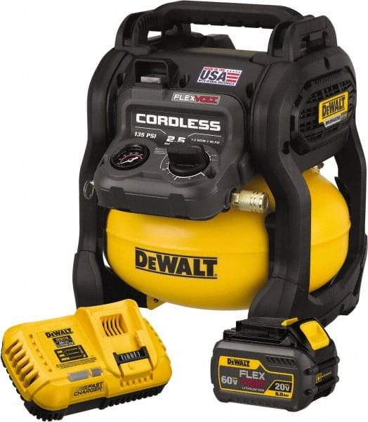 DeWALT - 0.4 hp, 1.5 SCFM at 40 psi, 1.2 SCFM at 90 psi, Pancake Compressor - 2.5 Gal Tank, 60V, 135 psi - Industrial Tool & Supply