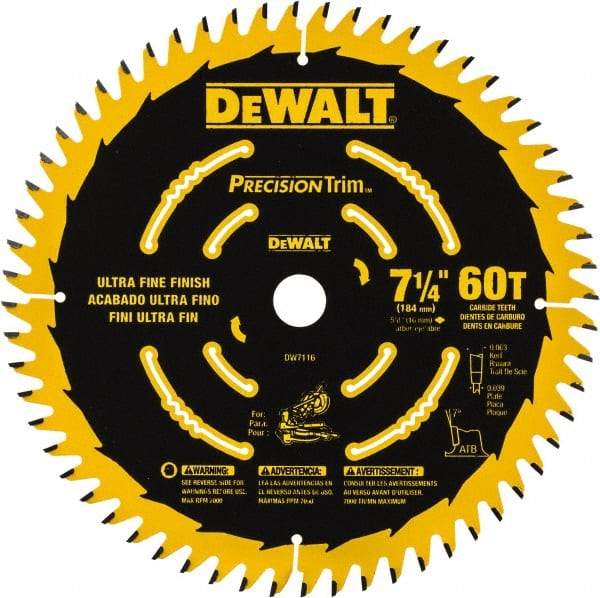 DeWALT - 7-1/4" Diam, 5/8" Arbor Hole Diam, 60 Tooth Wet & Dry Cut Saw Blade - Tungsten Carbide-Tipped, Smooth Action, Standard Round Arbor - Industrial Tool & Supply