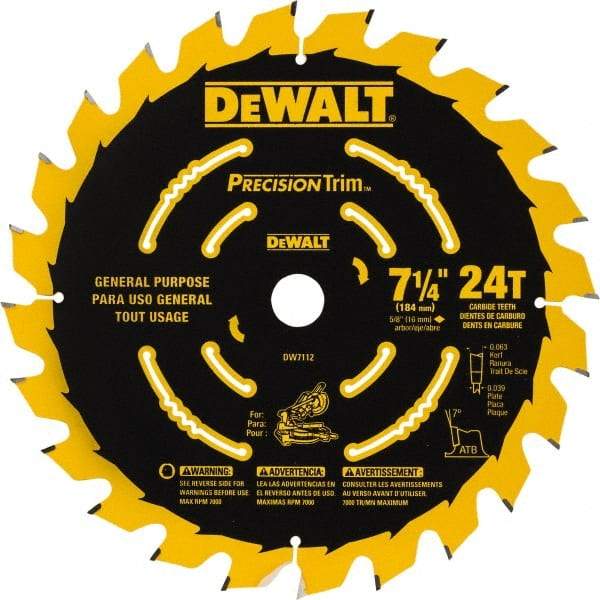 DeWALT - 7-1/4" Diam, 5/8" Arbor Hole Diam, 24 Tooth Wet & Dry Cut Saw Blade - Tungsten Carbide-Tipped, Smooth Action, Standard Round Arbor - Industrial Tool & Supply