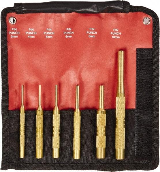 Mayhew - 6 Piece, 3 to 10mm, Pin Punch Set - Round Shank, Brass, Comes in Kit Bag - Industrial Tool & Supply