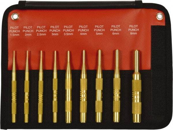 Mayhew - 9 Piece, 1.5 to 10mm, Pin Punch Set - Round Shank, Brass, Comes in Kit Bag - Industrial Tool & Supply