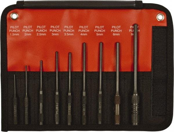 Mayhew - 9 Piece, 1.5 to 8mm, Pin & Pilot Punch Set - Hex Shank, Steel, Comes in Kit Bag - Industrial Tool & Supply
