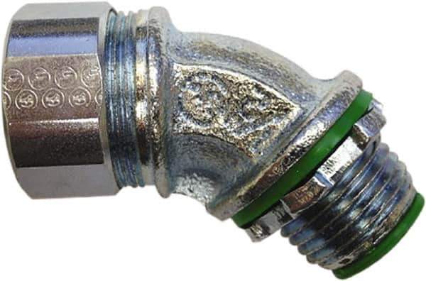 Anaconda Sealtite - 1-1/4" Trade, Zinc Plated Steel Threaded Angled Liquidtight Conduit Connector - Insulated - Industrial Tool & Supply